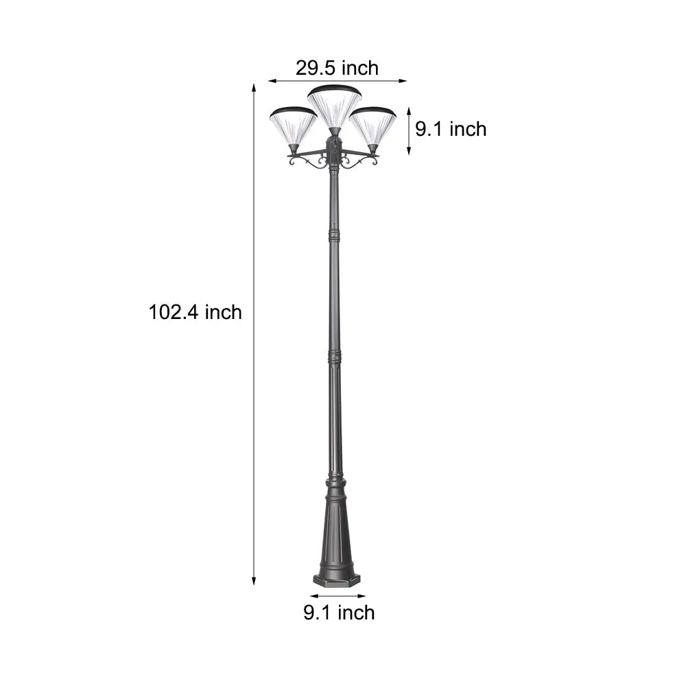 102.4-Inch Black Outdoor Three-Head Lamp Post Light