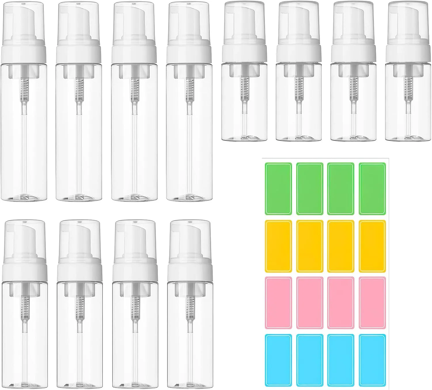 12 Pcs Foam Pump Bottle Travel Small Size Foaming Dispenser, Refillable Containers Bottles Portable Plastic Foam Dispenser Pump for Hand Soap Shampoo with Label Stickers(200ml/150ml/100ml)