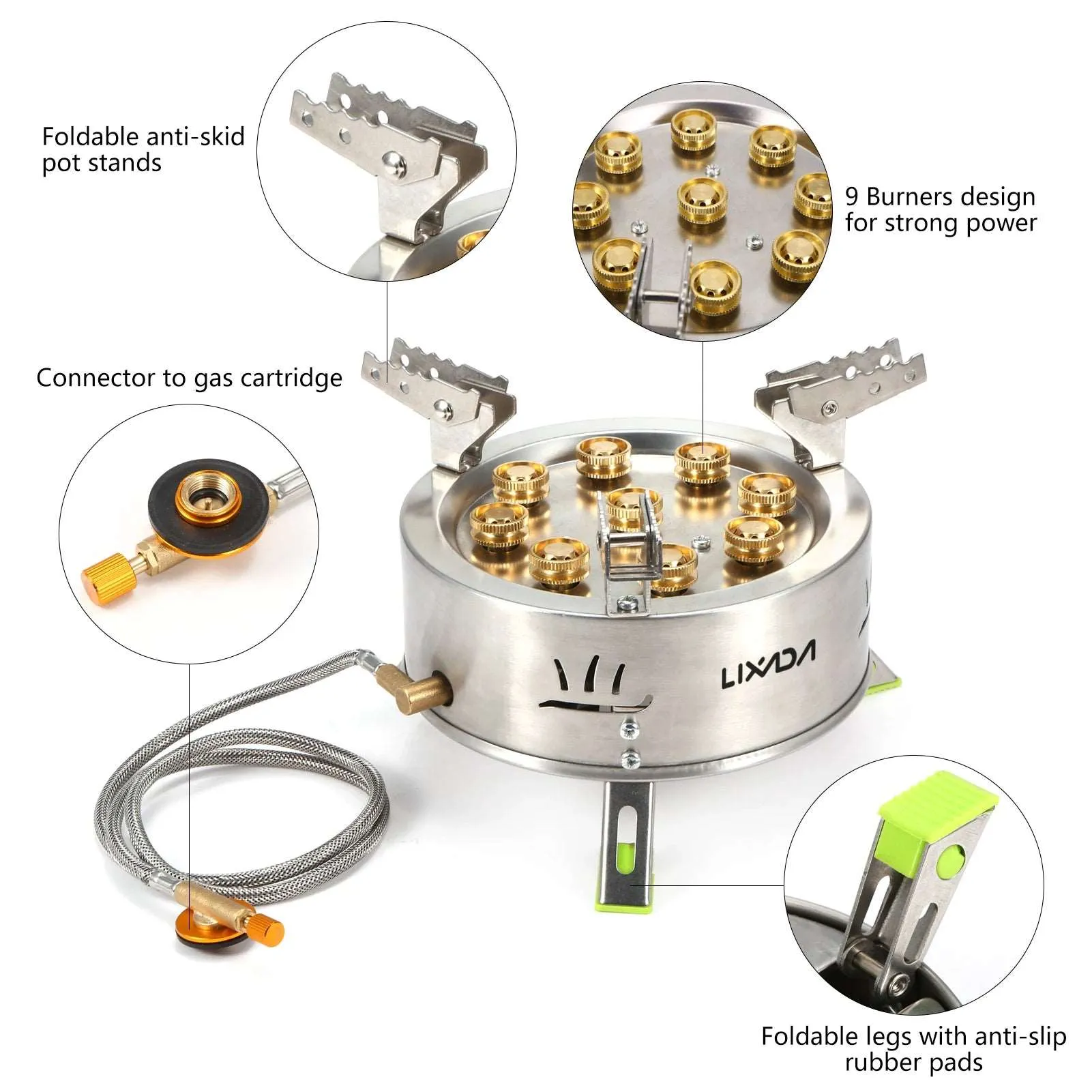 12800W 9-Head Outdoor Stove Self-Driving Tour Stainless Steel Folding 9 Hole Fire Brimstone Stove Gas Burner Camping Burner 9성버너