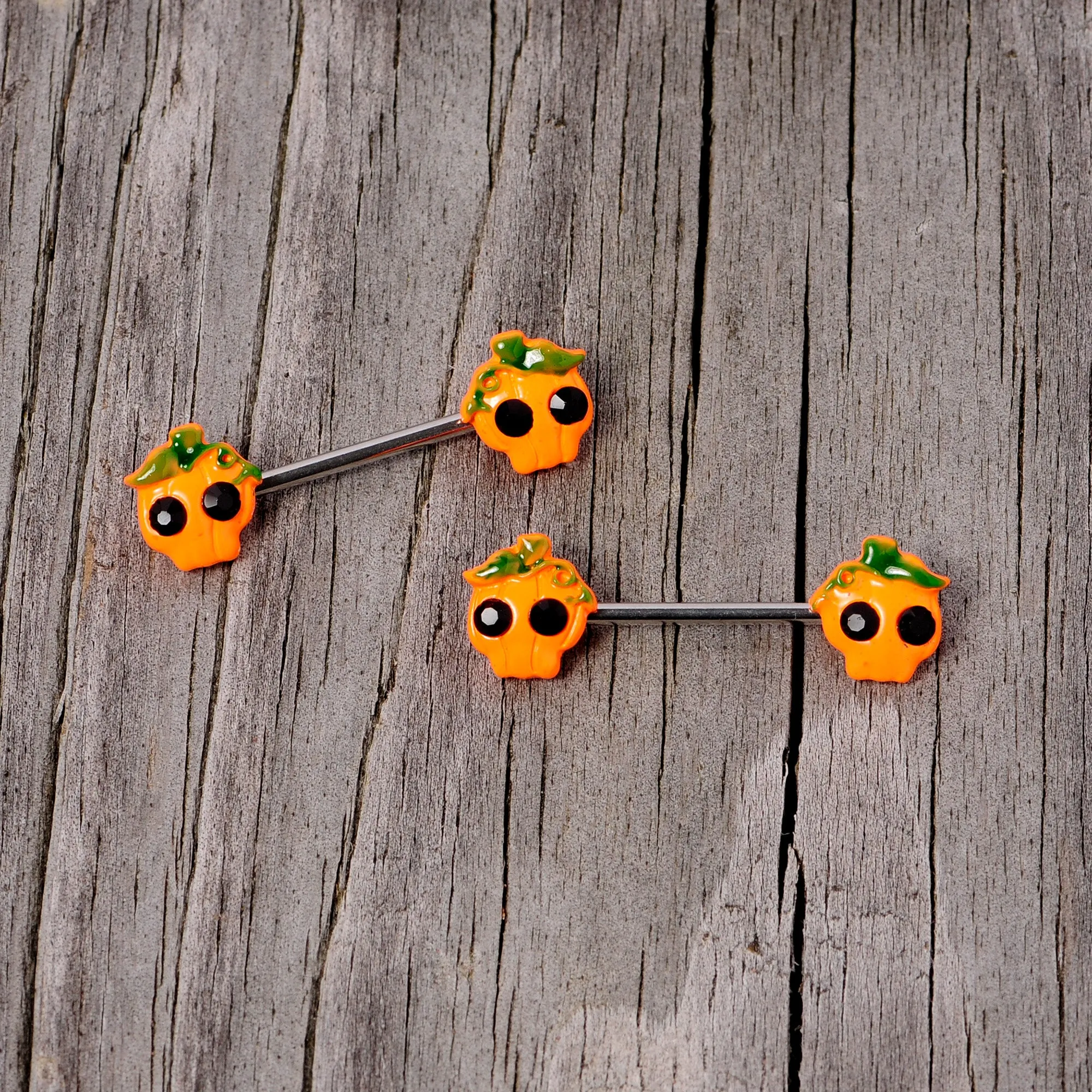 14 Gauge 5/8 Orange Jack O Lantern Pumpkin Halloween Nipple Ring Set