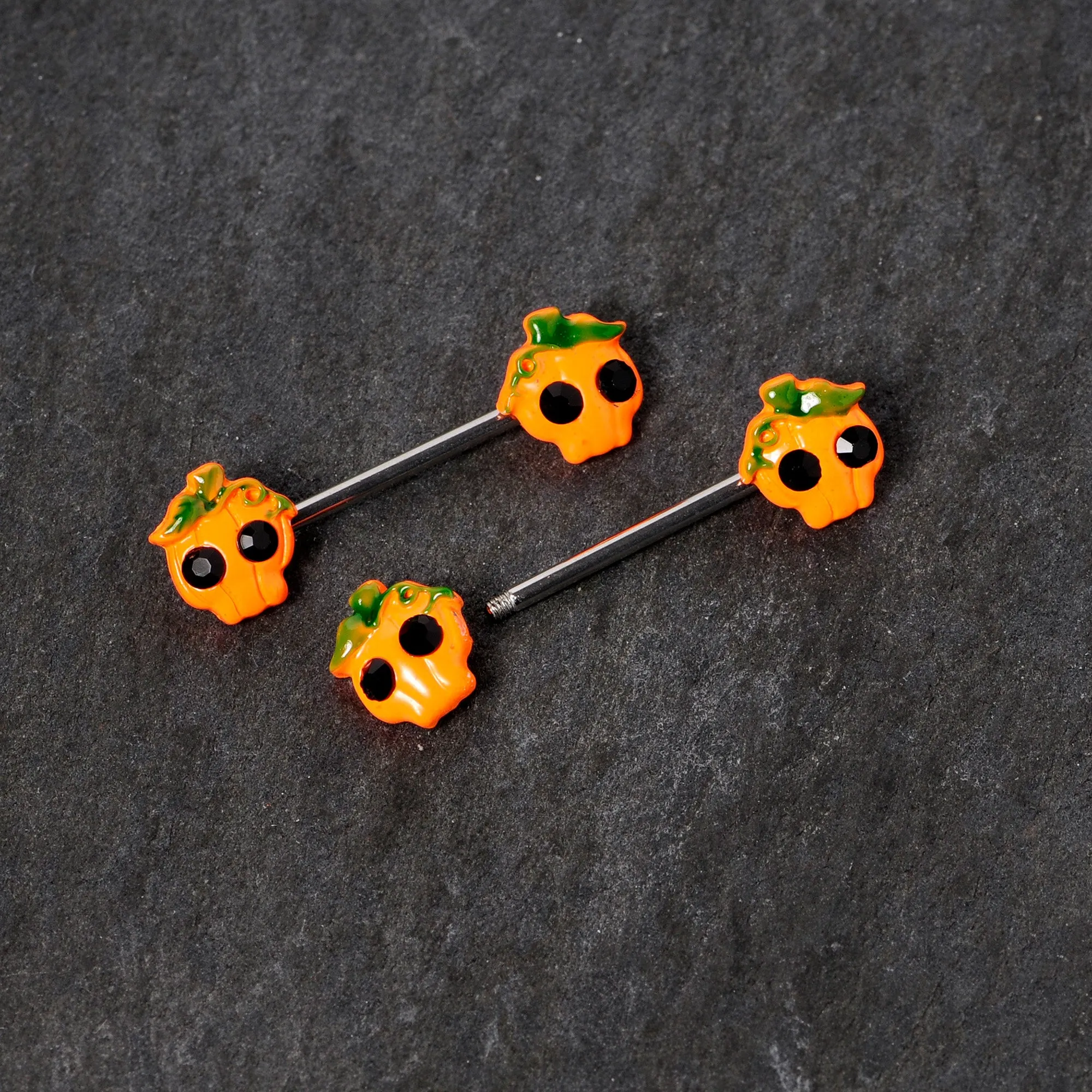 14 Gauge 5/8 Orange Jack O Lantern Pumpkin Halloween Nipple Ring Set