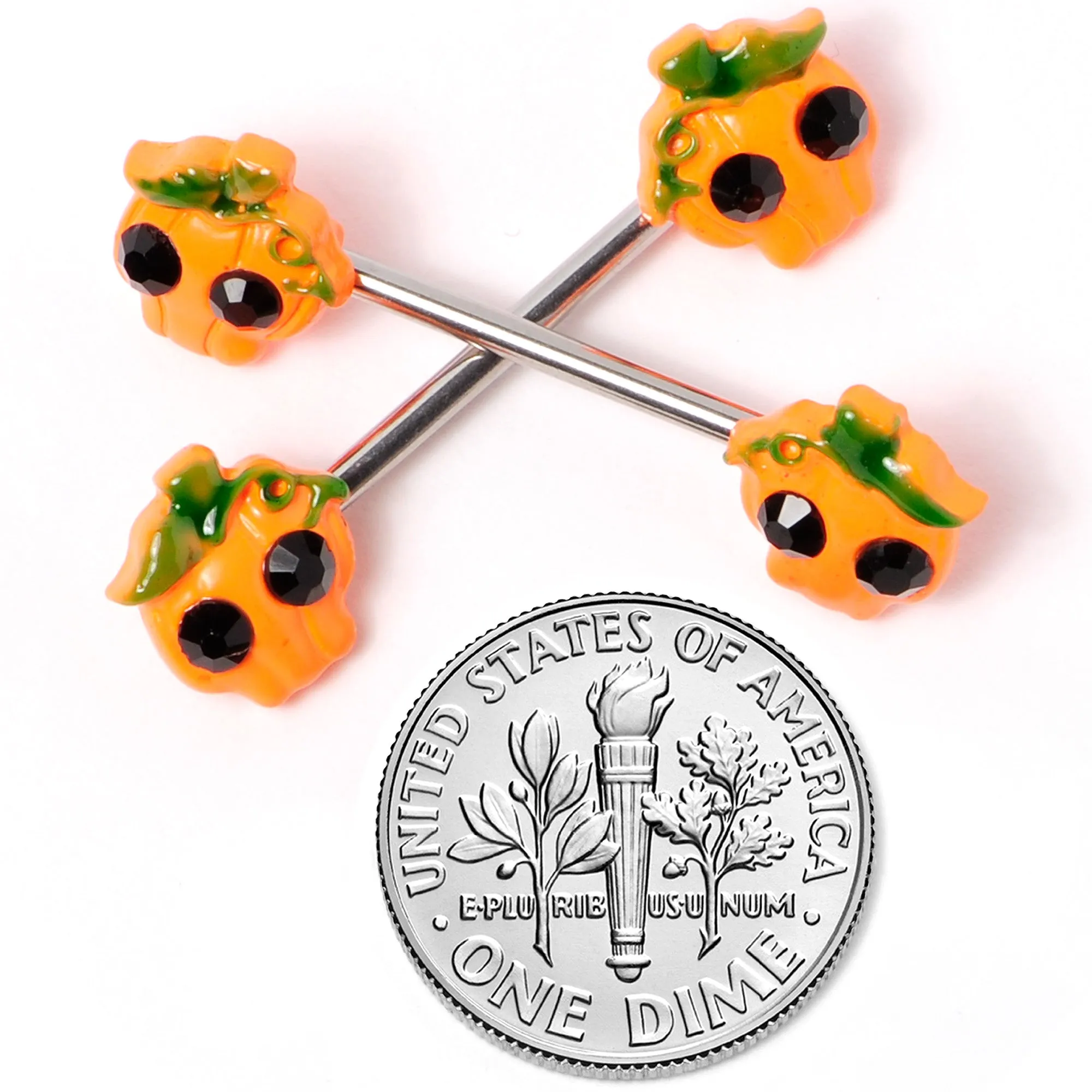 14 Gauge 5/8 Orange Jack O Lantern Pumpkin Halloween Nipple Ring Set