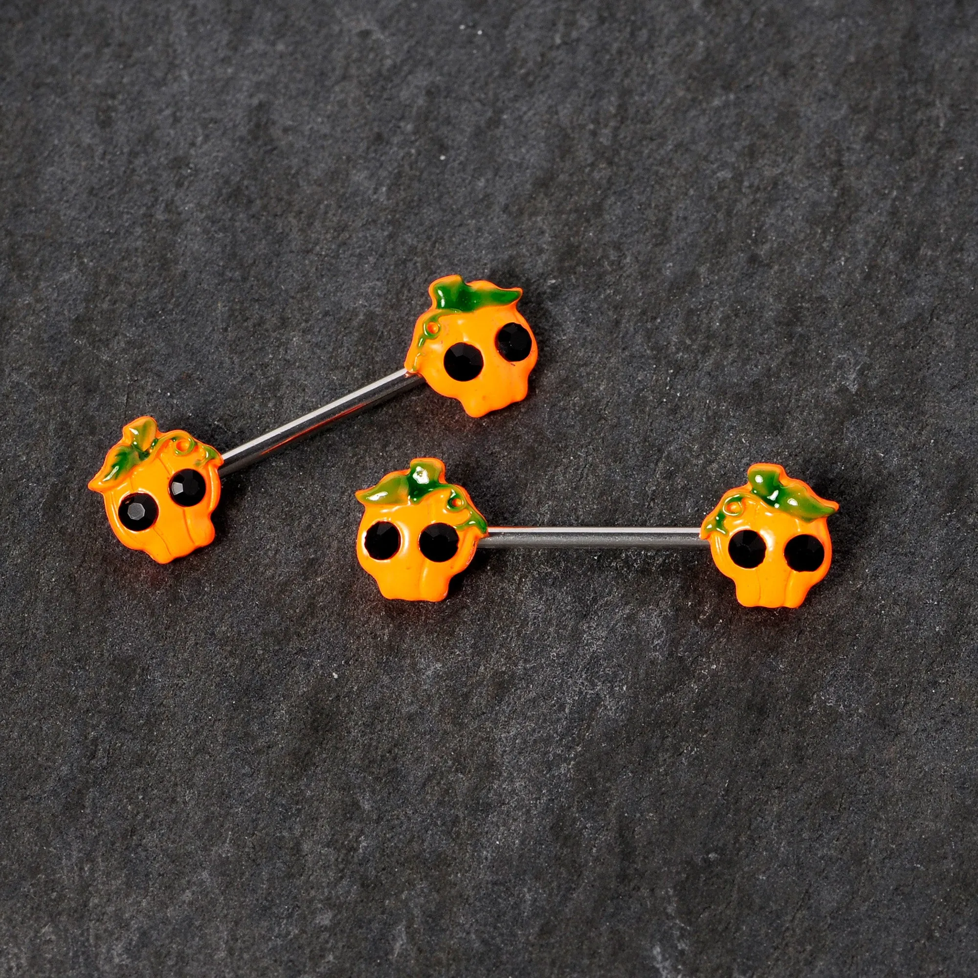 14 Gauge 5/8 Orange Jack O Lantern Pumpkin Halloween Nipple Ring Set