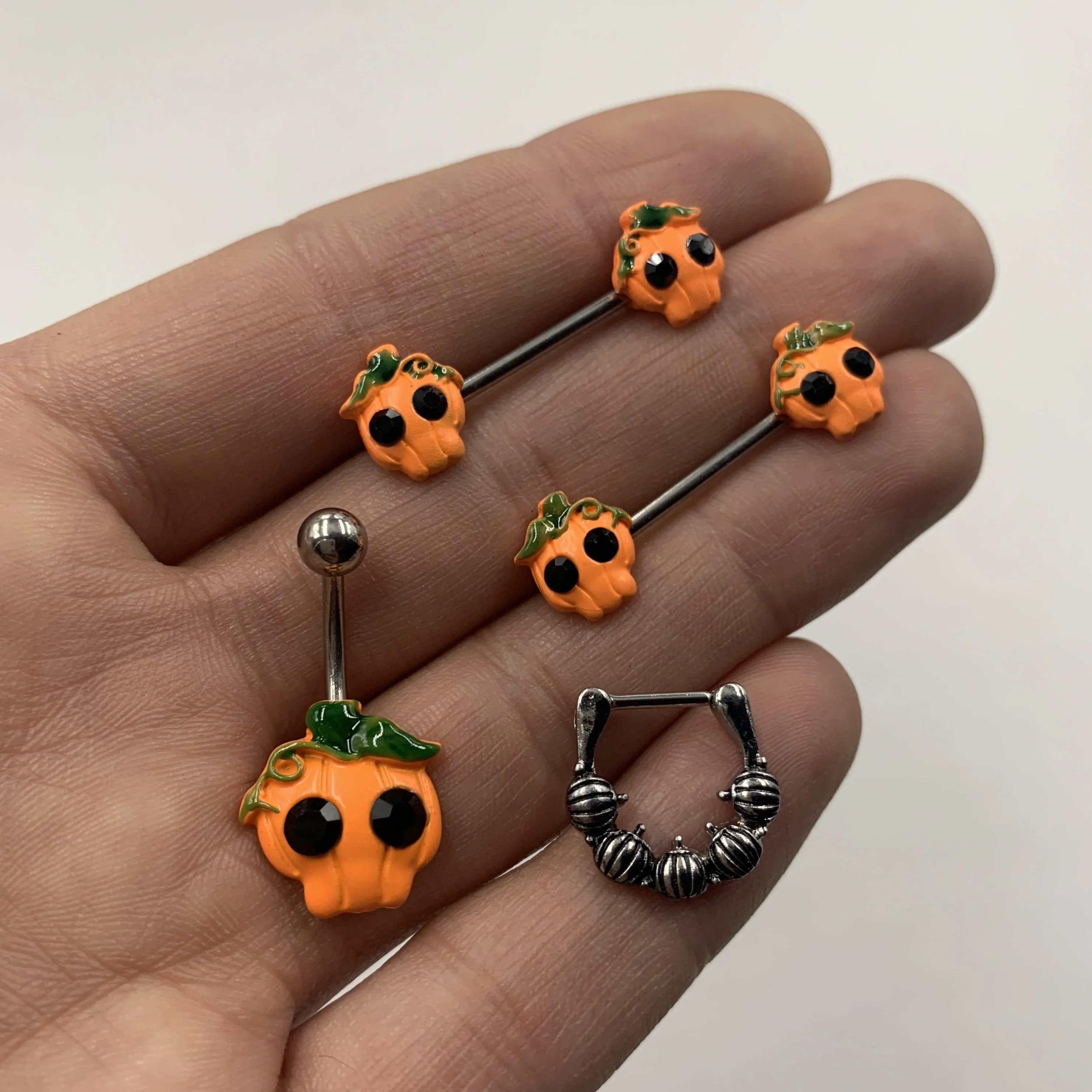 14 Gauge 5/8 Orange Jack O Lantern Pumpkin Halloween Nipple Ring Set