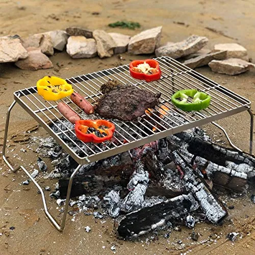 17" Large Folding Campfire Grill, 304 Stainless Steel Firepit Grill Grate