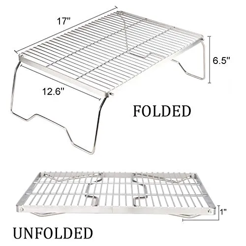 17" Large Folding Campfire Grill, 304 Stainless Steel Firepit Grill Grate