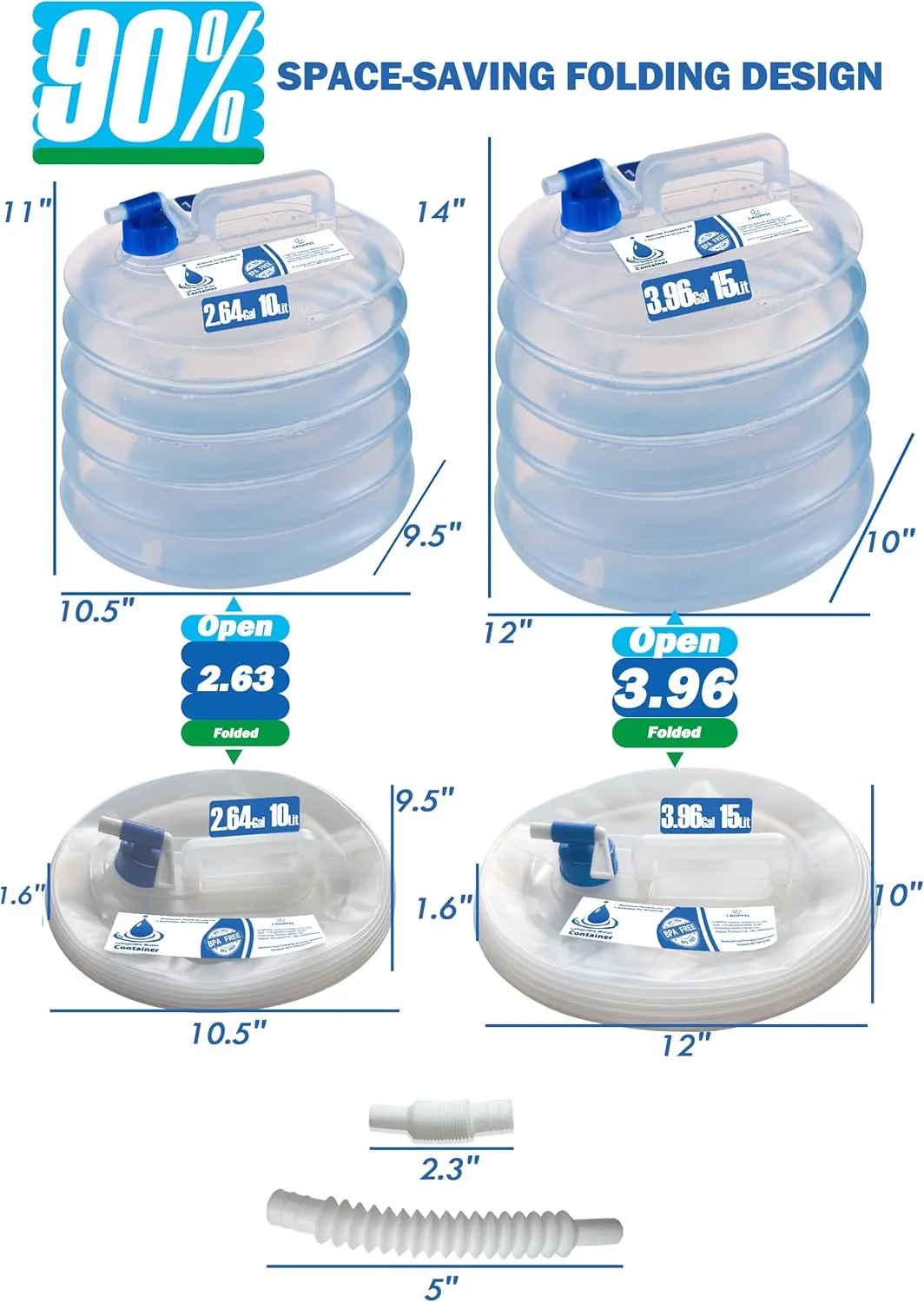 2 Pack - 2.64/3.96 Gallon Premium Collapsible Water Containers: Large Capacity Food - Grade LDPE, BPA - Free, ultimate for Camping & Hiking. with a Patented Leak - Proof Faucet Design