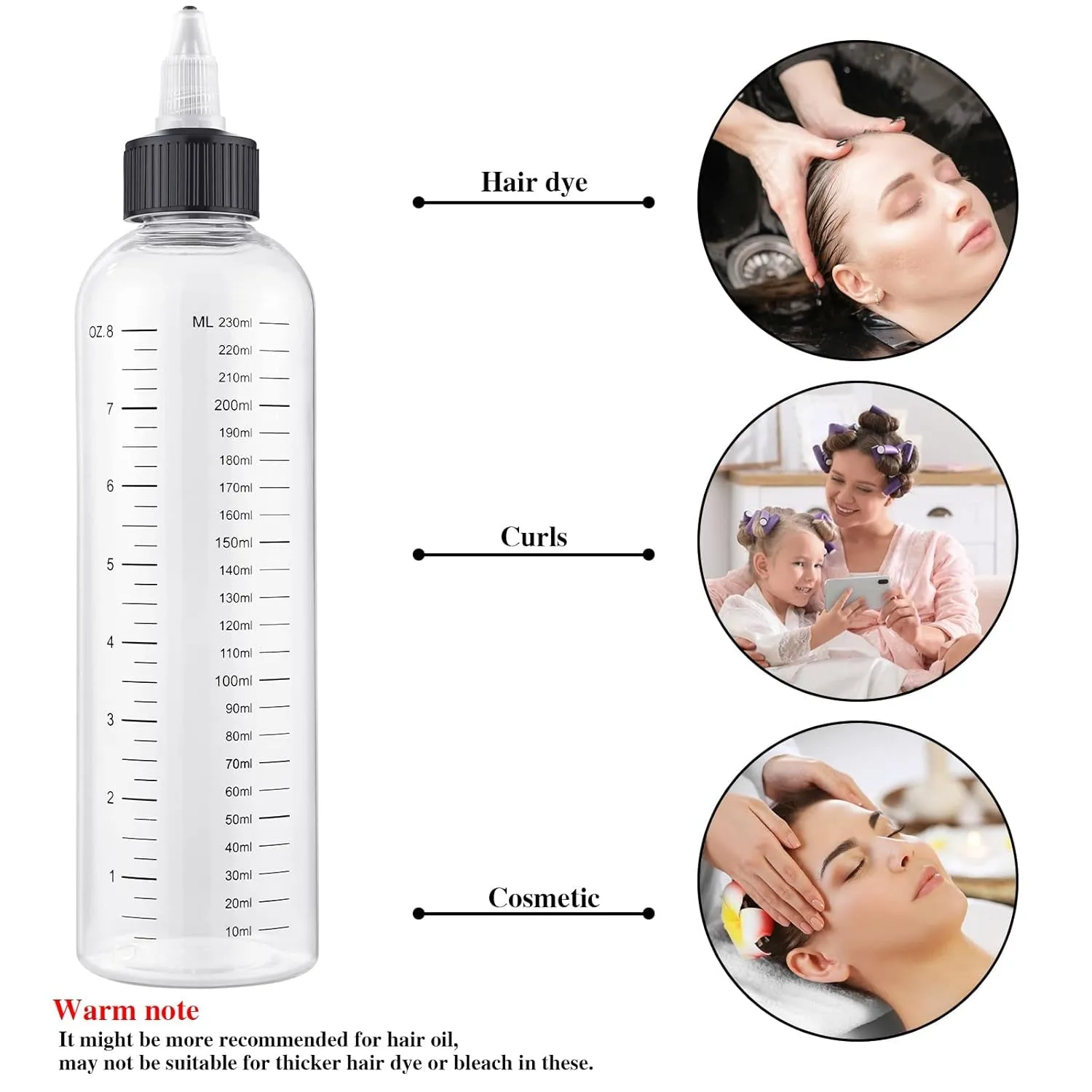 2 Pack Applicator Bottle for Hair, 8.5 Ounce Hair Oil Applicator Plastic Squeeze Bottle Root Hair Dye Bottle Twist-On Top Tip Cap with Clear Graduated Scale