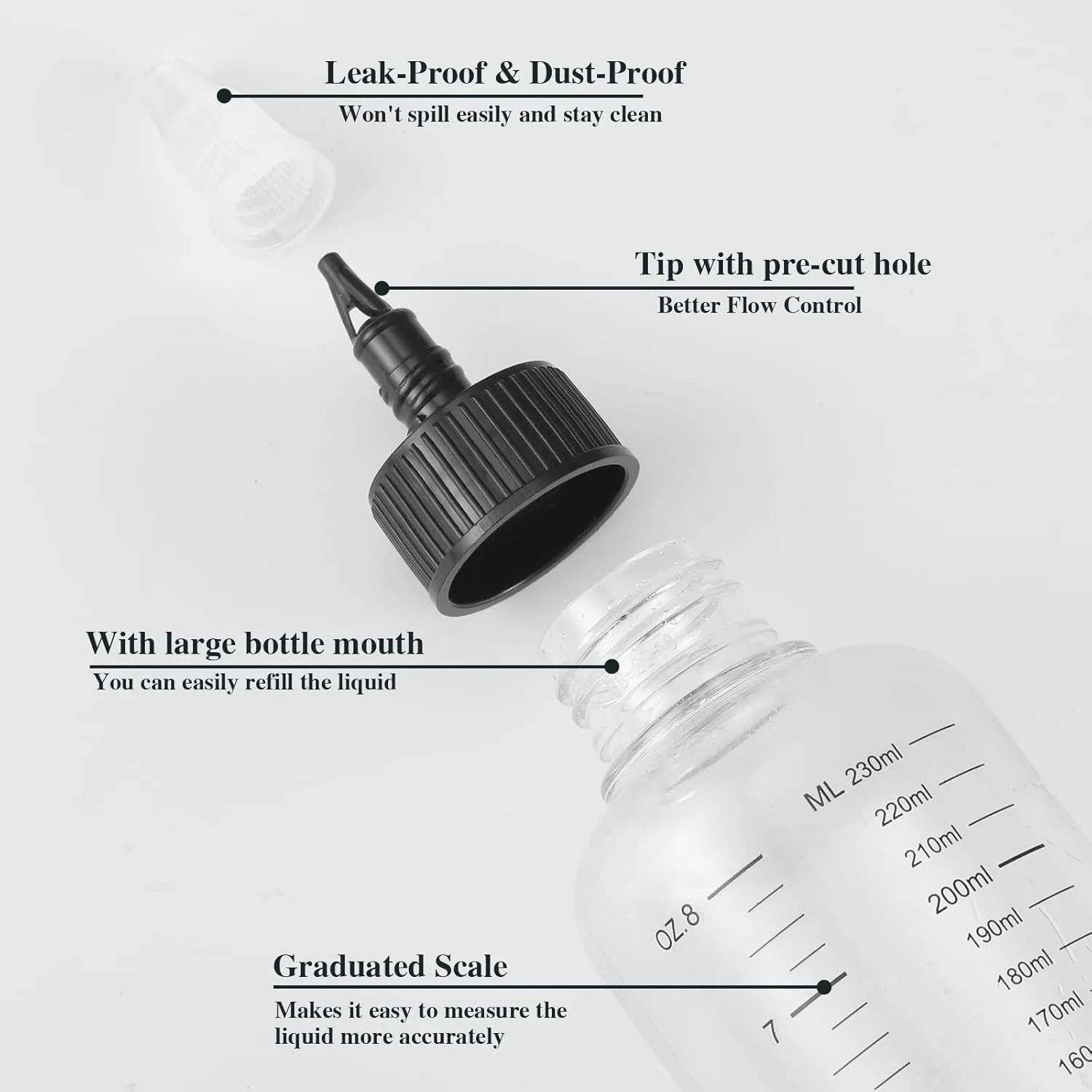2 Pack Applicator Bottle for Hair, 8.5 Ounce Hair Oil Applicator Plastic Squeeze Bottle Root Hair Dye Bottle Twist-On Top Tip Cap with Clear Graduated Scale