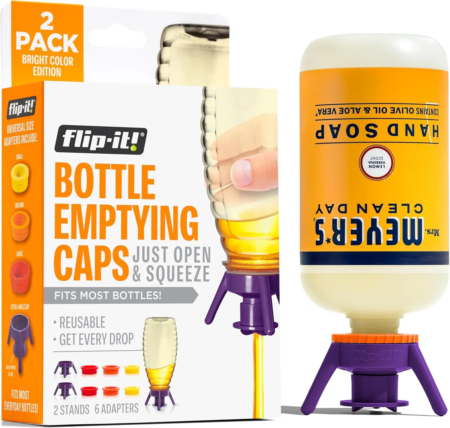 2-Pack Premium Bottle Emptying Kit – No More Wasted Product - Fits Most Plastic Bottles – Get Out Every Drop of Shampoos, Lotions, & More – 2 Base Caps, 6 Adapters – Bright Color Edition