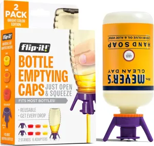 2-Pack Premium Bottle Emptying Kit – No More Wasted Product - Fits Most Plastic Bottles – Get Out Every Drop of Shampoos, Lotions, & More – 2 Base Caps, 6 Adapters – Bright Color Edition