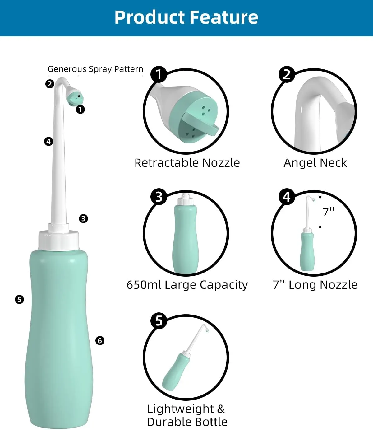 2 Pack Travel Bidet Bottle, Portable Bidet Sprayer Hand held Bidet 650ml for Personal Hygiene Care, On-the-Go Travel Bag Extra Long Pointed Nozzle Spray for Women, Baby and Elderly-Green Bottle