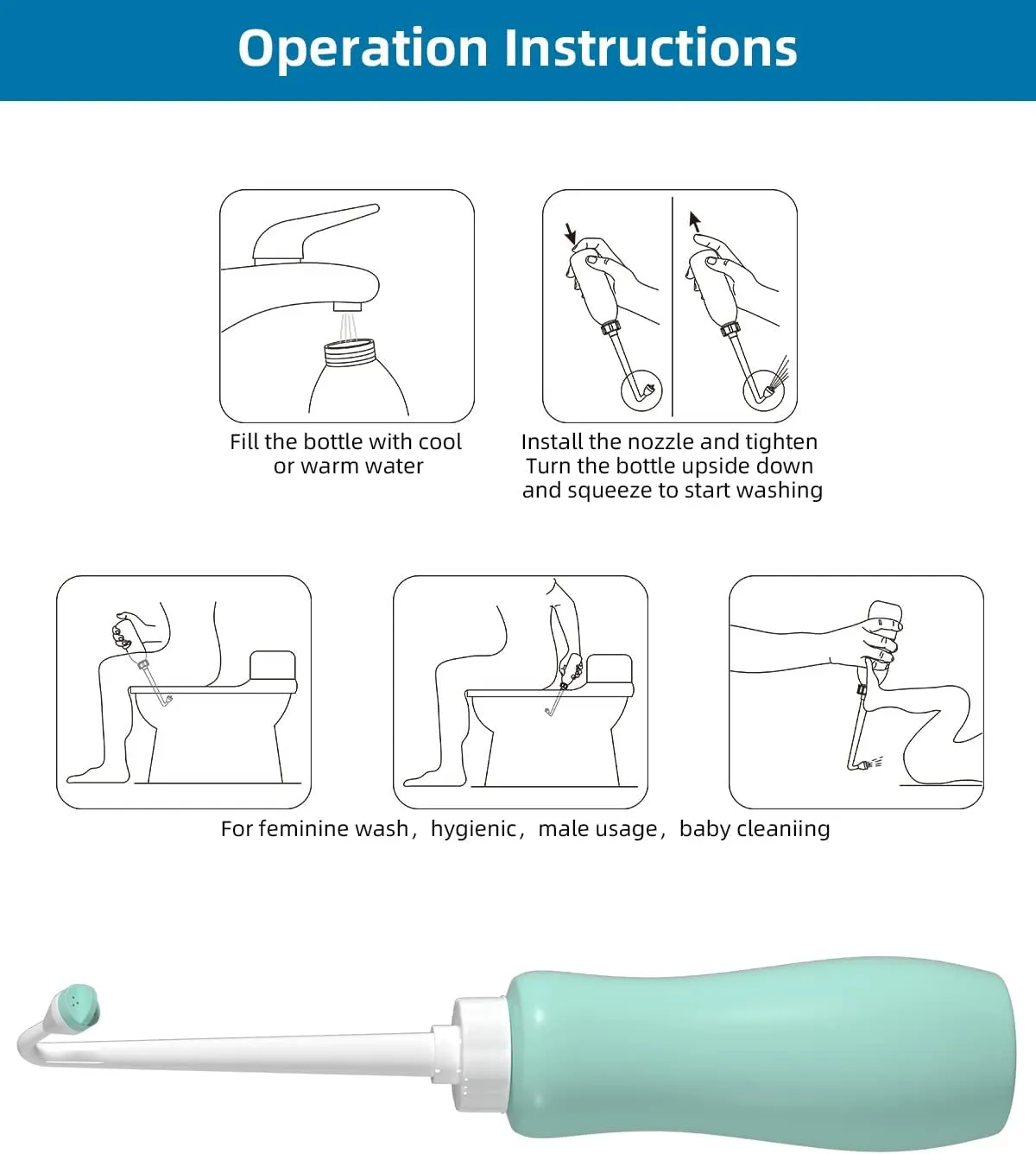 2 Pack Travel Bidet Bottle, Portable Bidet Sprayer Hand held Bidet 650ml for Personal Hygiene Care, On-the-Go Travel Bag Extra Long Pointed Nozzle Spray for Women, Baby and Elderly-Green Bottle