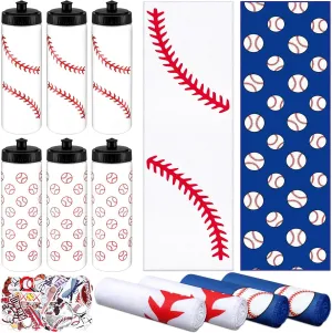 24 Pcs Baseball Water Bottle Baseball Cooling Towel Set with 50 Sticker Sports Party Favors Include 6 Reusable Sports Squeeze Water Bottle 6 Ice Towel Breathable Fast Drying for Team Gifts