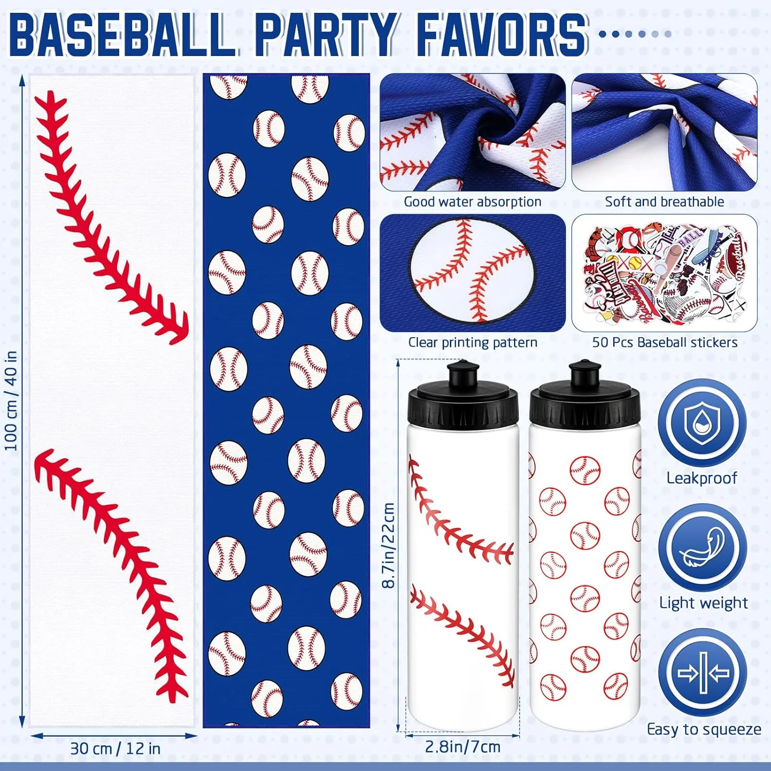 24 Pcs Baseball Water Bottle Baseball Cooling Towel Set with 50 Sticker Sports Party Favors Include 6 Reusable Sports Squeeze Water Bottle 6 Ice Towel Breathable Fast Drying for Team Gifts