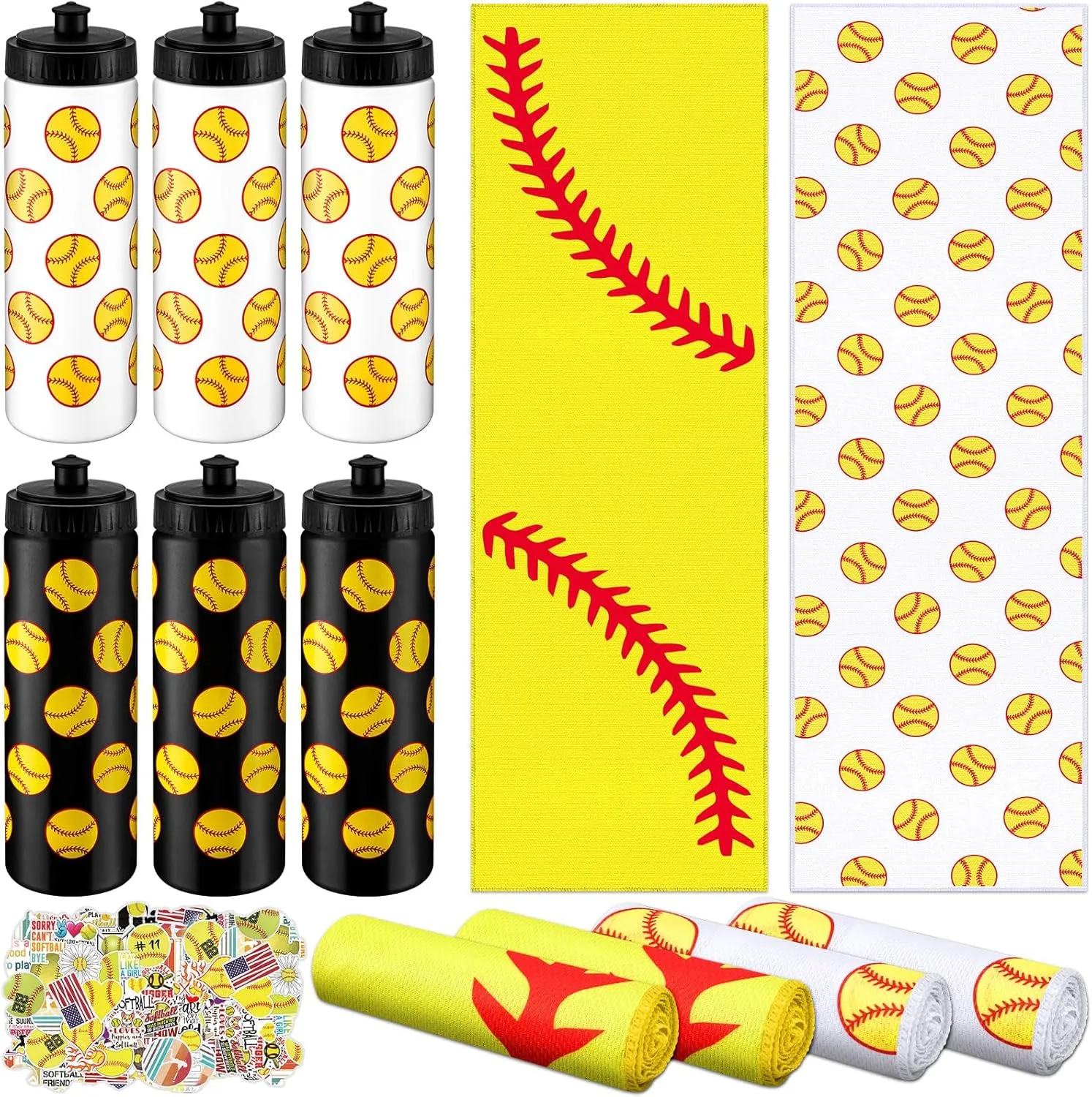24 Pcs Softball Water Bottle Softball Cooling Towel Set with 50 Sticker Sports Party Favors Include 6 Reusable Sports Squeeze Water Bottle 6 Ice Towel Breathable Fast Drying for Team Gifts