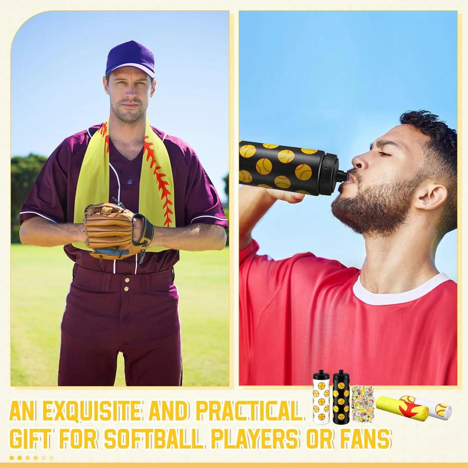 24 Pcs Softball Water Bottle Softball Cooling Towel Set with 50 Sticker Sports Party Favors Include 6 Reusable Sports Squeeze Water Bottle 6 Ice Towel Breathable Fast Drying for Team Gifts