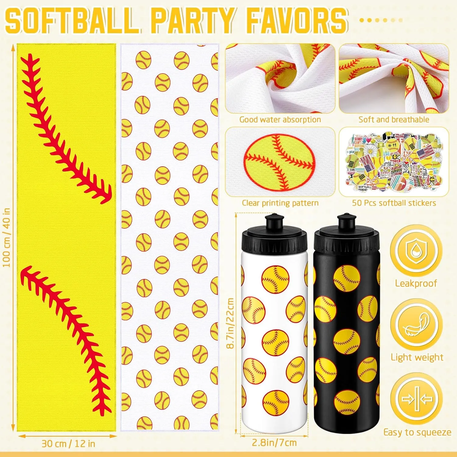 24 Pcs Softball Water Bottle Softball Cooling Towel Set with 50 Sticker Sports Party Favors Include 6 Reusable Sports Squeeze Water Bottle 6 Ice Towel Breathable Fast Drying for Team Gifts
