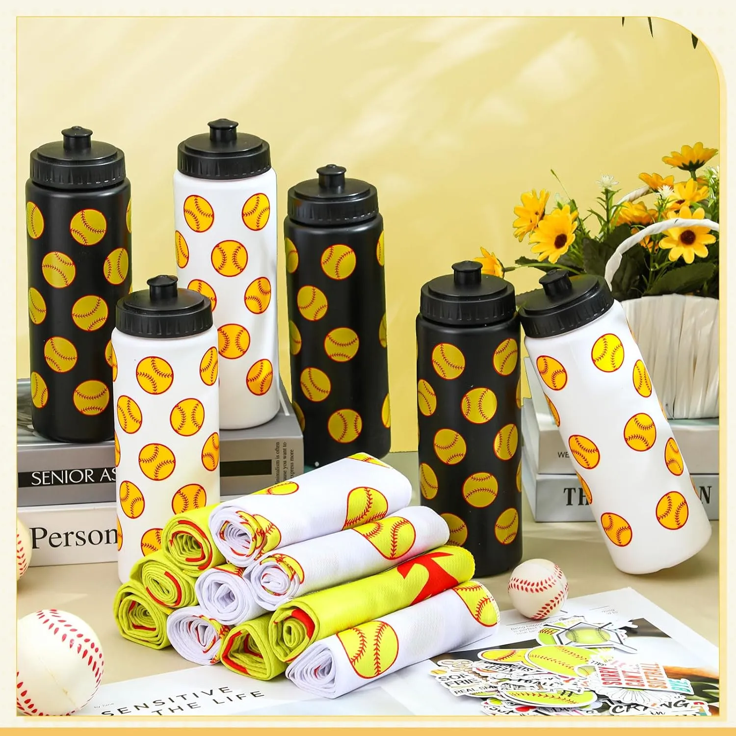 24 Pcs Softball Water Bottle Softball Cooling Towel Set with 50 Sticker Sports Party Favors Include 6 Reusable Sports Squeeze Water Bottle 6 Ice Towel Breathable Fast Drying for Team Gifts