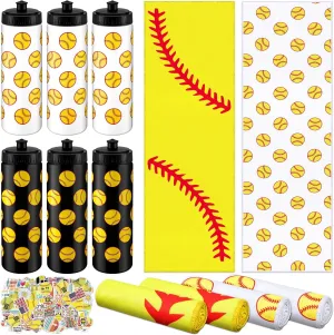 24 Pcs Softball Water Bottle Softball Cooling Towel Set with 50 Sticker Sports Party Favors Include 6 Reusable Sports Squeeze Water Bottle 6 Ice Towel Breathable Fast Drying for Team Gifts