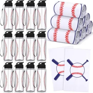 24 Pieces Baseball Water Bottle Baseball Cooling Towel Set Include 12 Reusable Sports Squeeze Water Bottle 12 Ice Towel Breathable 40"x12" Cooling Towels for Soccer Sport Team Gift