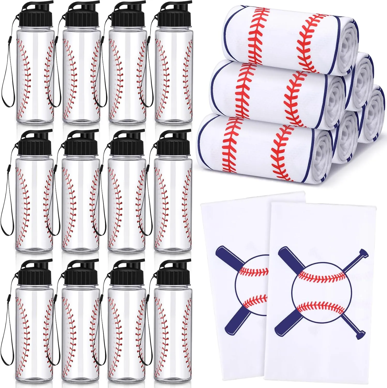 24 Pieces Baseball Water Bottle Baseball Cooling Towel Set Include 12 Reusable Sports Squeeze Water Bottle 12 Ice Towel Breathable 40"x12" Cooling Towels for Soccer Sport Team Gift