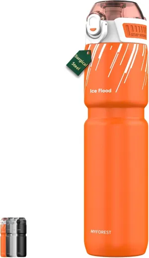 24oz/700ml Insulated Bike Water Bottle, Surgical Steel: No Plastic Taste, Stronger Grip for MTB & Gravel, Chug/Sip 2-in-1, Dirt Cap/Anti-Scratch (Energy Orange)