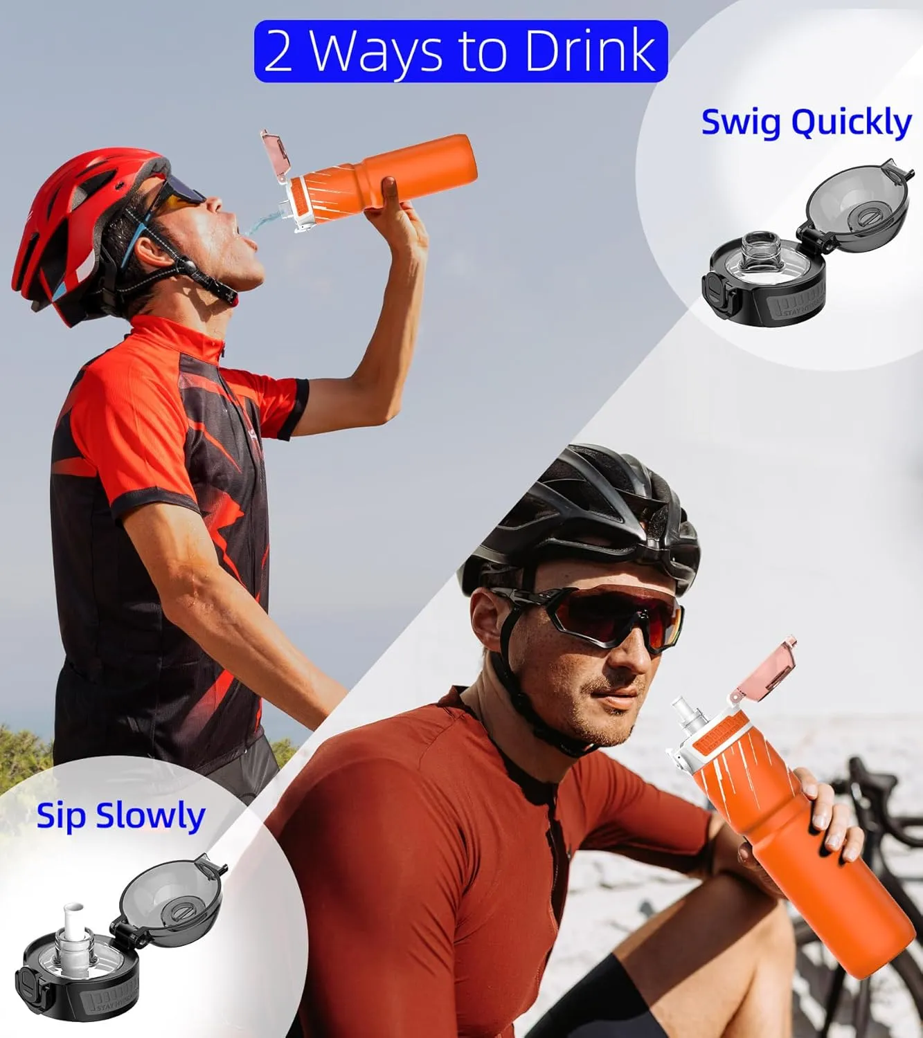 24oz/700ml Insulated Bike Water Bottle, Surgical Steel: No Plastic Taste, Stronger Grip for MTB & Gravel, Chug/Sip 2-in-1, Dirt Cap/Anti-Scratch (Energy Orange)