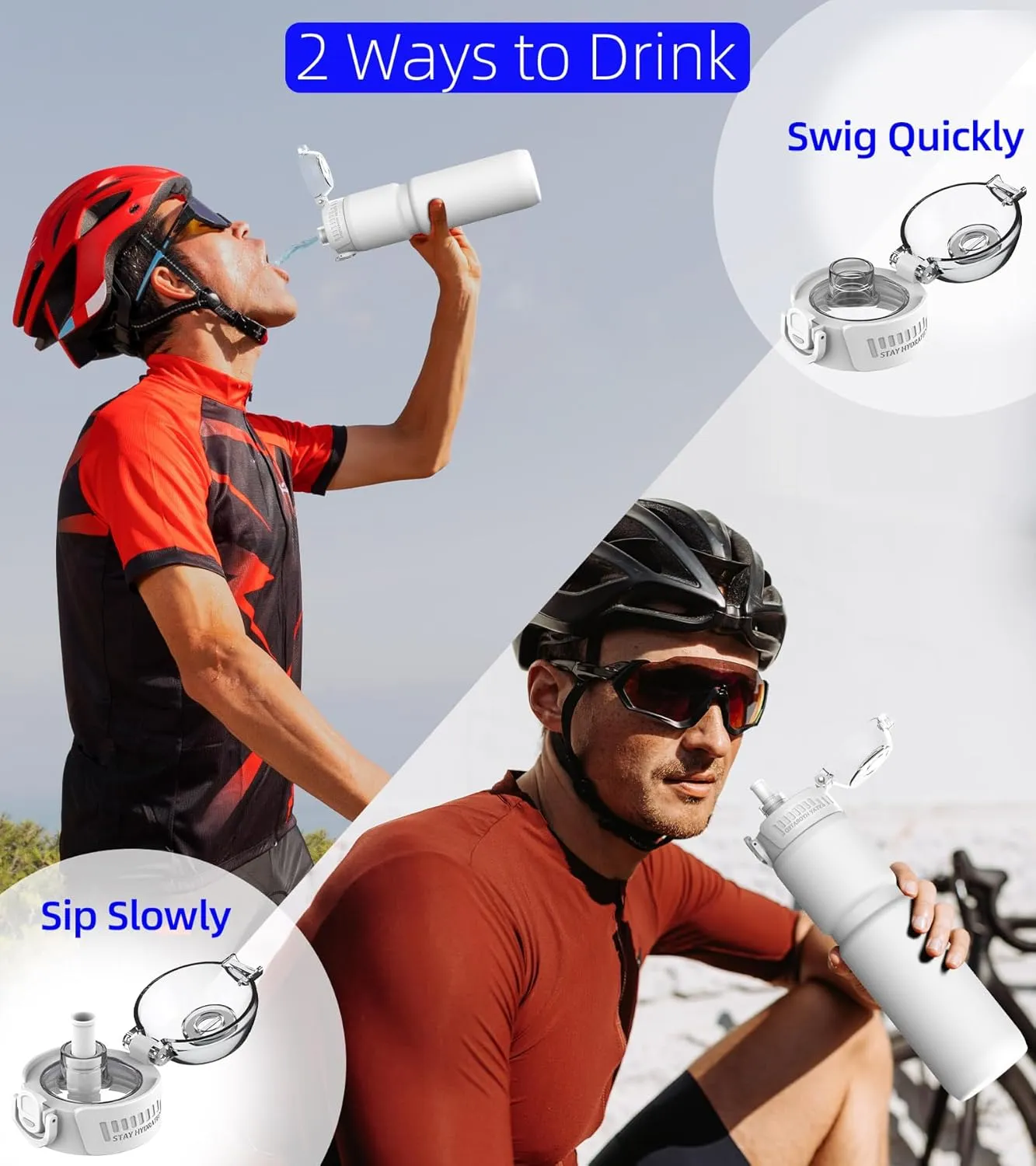 24oz/700ml Insulated Cycling Water Bottle, Surgical Steel 18/10, Most Bike Cages Fit, Chug/Sip 2-in-1, Dishwasher-Safe, Anti-Scratch (Matte White)