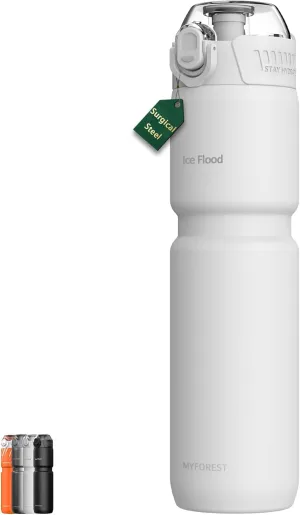 24oz/700ml Insulated Cycling Water Bottle, Surgical Steel 18/10, Most Bike Cages Fit, Chug/Sip 2-in-1, Dishwasher-Safe, Anti-Scratch (Matte White)