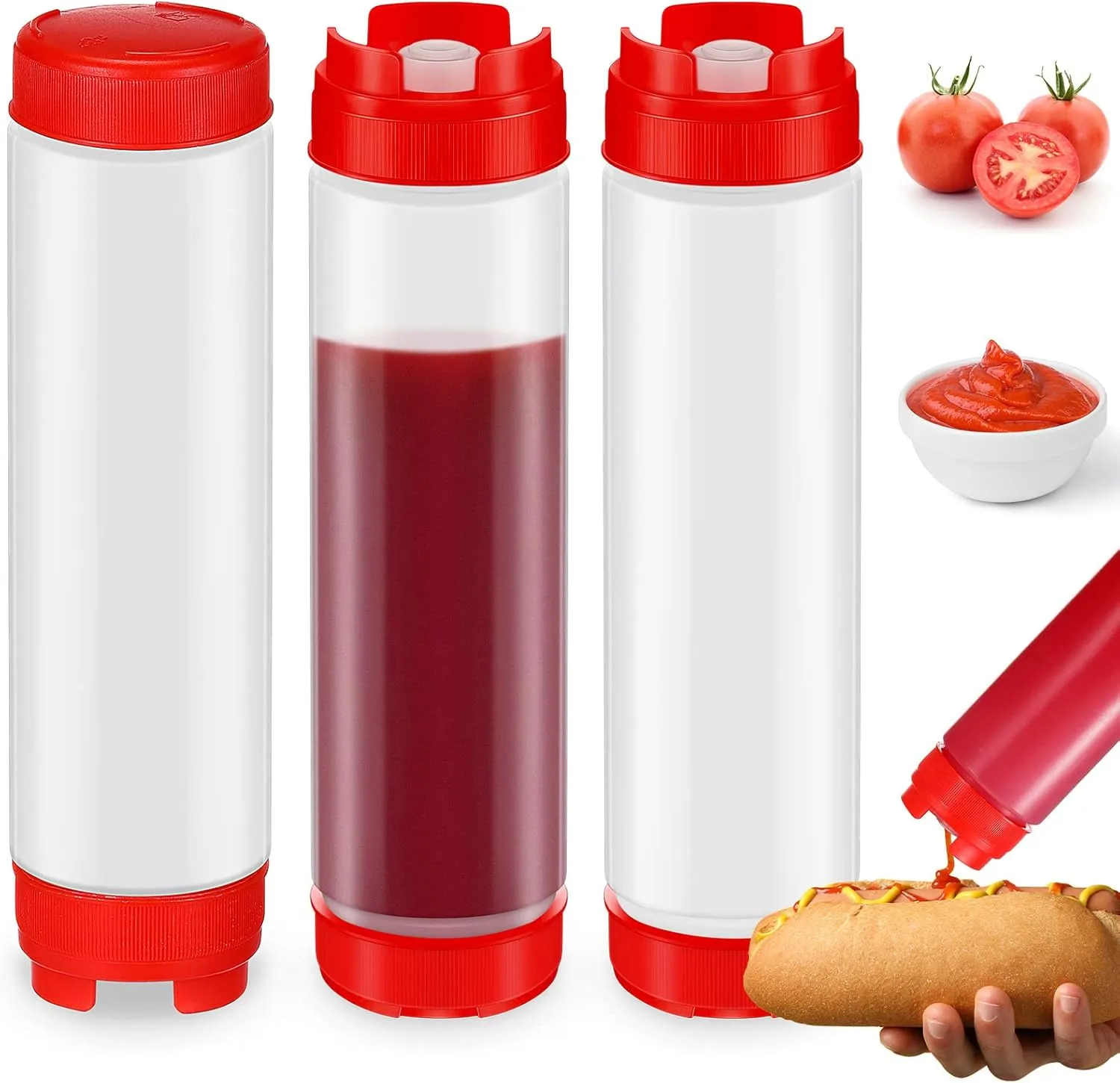 3 Pcs 16 oz Inverted Plastic Squeeze Bottles, Refillable Tip Large Valve Dispenser Condiment Squeeze Bottle for Sauces Ketchup Sour Cream Self Sealing Syrup Dispenser for Restaurants (Red, White)