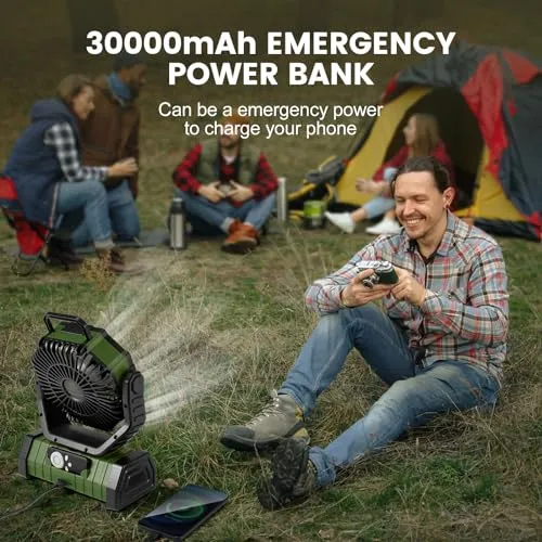 30000mAh Camping Fan w/ LED Lantern,Rechargeable Battery Operated Oscillating Fan