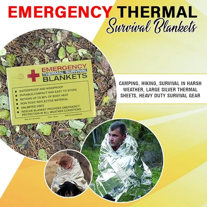(4 Pack Emergency Thermal Survival Blankets, Mylar Blankets for Outdoor, Camping, Hiking, Survival, Large Silver Thermal Sheets, Heavy Duty Gear (4 pcs, Size 84x52)