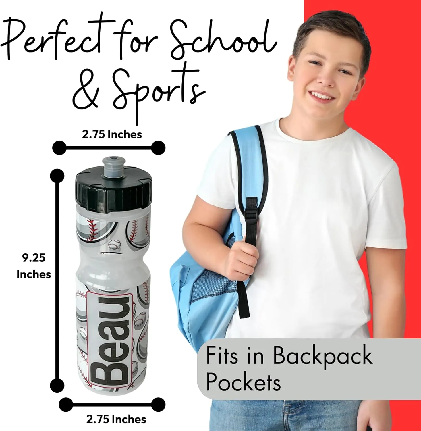 50 Strong 22oz Kids Personalized Baseball Squeeze Water Bottle – BPA-Free with Pull Top Cap – Durable & Reusable for School, Boys & Girls – Made in USA – Custom Name, Team or Number