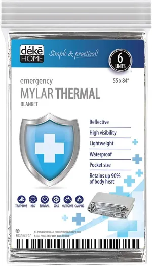 6 Pack Emergency Mylar Thermal Blankets. Space Blanket Survival rescue insulating reflective foil kit Camping Blanket Outdoors Hiking Survival Bug Out Bag car marathons first aid cold/heat (aluminum)