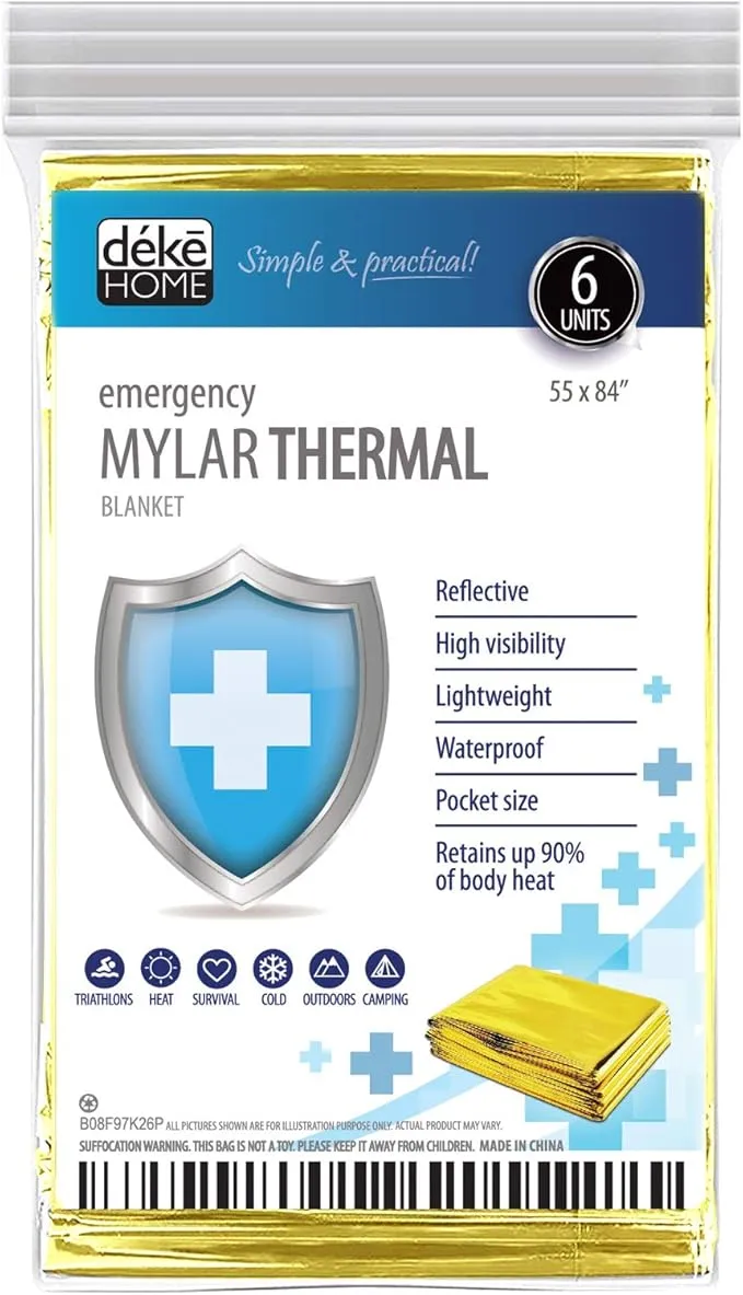 6 Pack Emergency Mylar Thermal Blankets. Space Blanket Survival rescue insulating reflective foil kit Camping Blanket Outdoors Hiking Survival Bug Out Bag car marathons first aid cold/heat (gold)