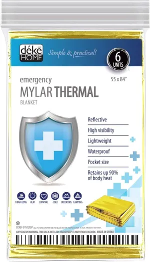6 Pack Emergency Mylar Thermal Blankets. Space Blanket Survival rescue insulating reflective foil kit Camping Blanket Outdoors Hiking Survival Bug Out Bag car marathons first aid cold/heat (gold)
