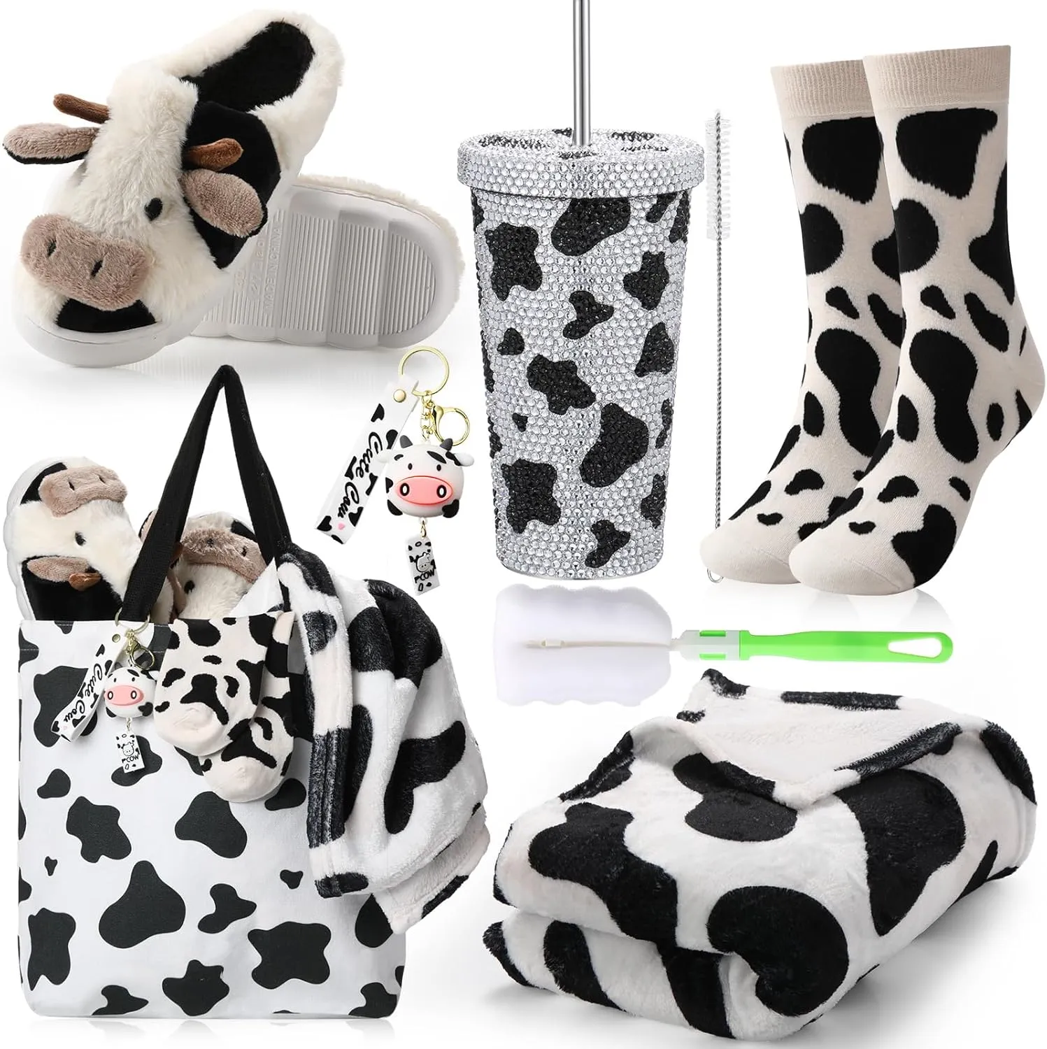 6 Pcs Cow Print Stuff Gifts for Women Includes Stainless Tumbler with Lid Blanket Socks Slippers Tote Bag Keychain Cow Themed Gifts for Teachers Mother Nurses Day Birthday(Black)