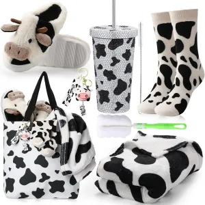 6 Pcs Cow Print Stuff Gifts for Women Includes Stainless Tumbler with Lid Blanket Socks Slippers Tote Bag Keychain Cow Themed Gifts for Teachers Mother Nurses Day Birthday(Black)