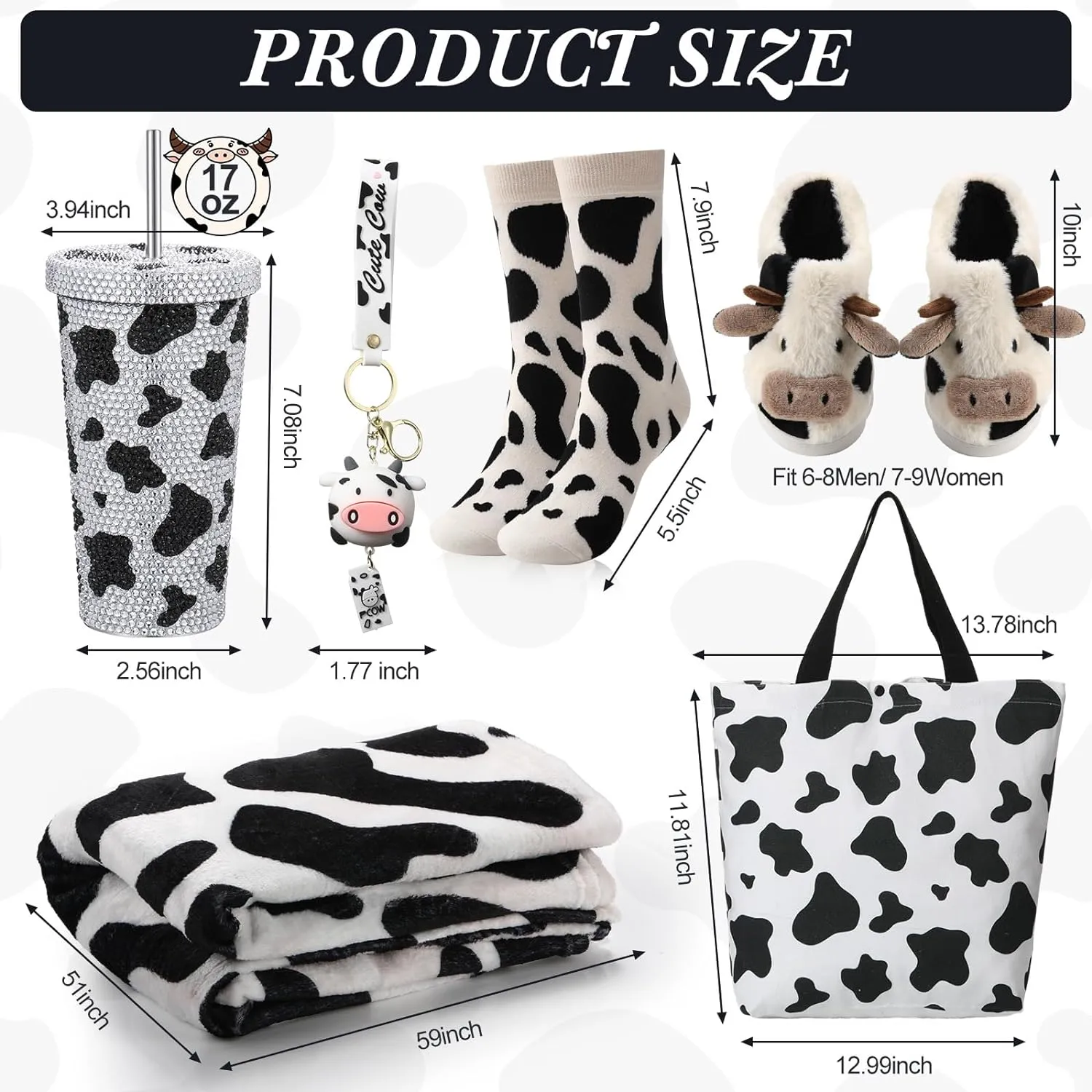 6 Pcs Cow Print Stuff Gifts for Women Includes Stainless Tumbler with Lid Blanket Socks Slippers Tote Bag Keychain Cow Themed Gifts for Teachers Mother Nurses Day Birthday(Black)