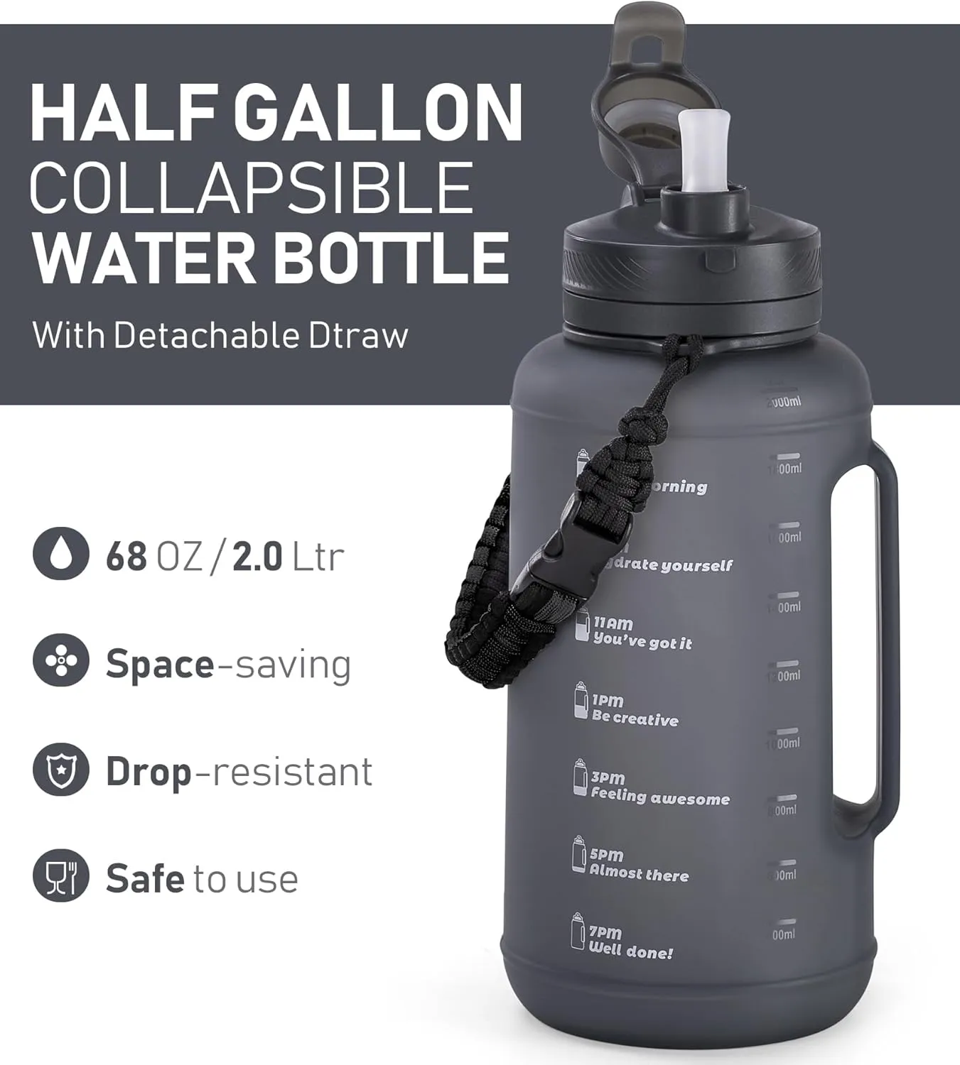 68 oz Collapsible Water Bottles with Straw, Half Gallon Water Bottle with Motivational Time Marker, Large Reusable Silicone Water Jug with Paracord Handle for Sports, Outdoors (Black)