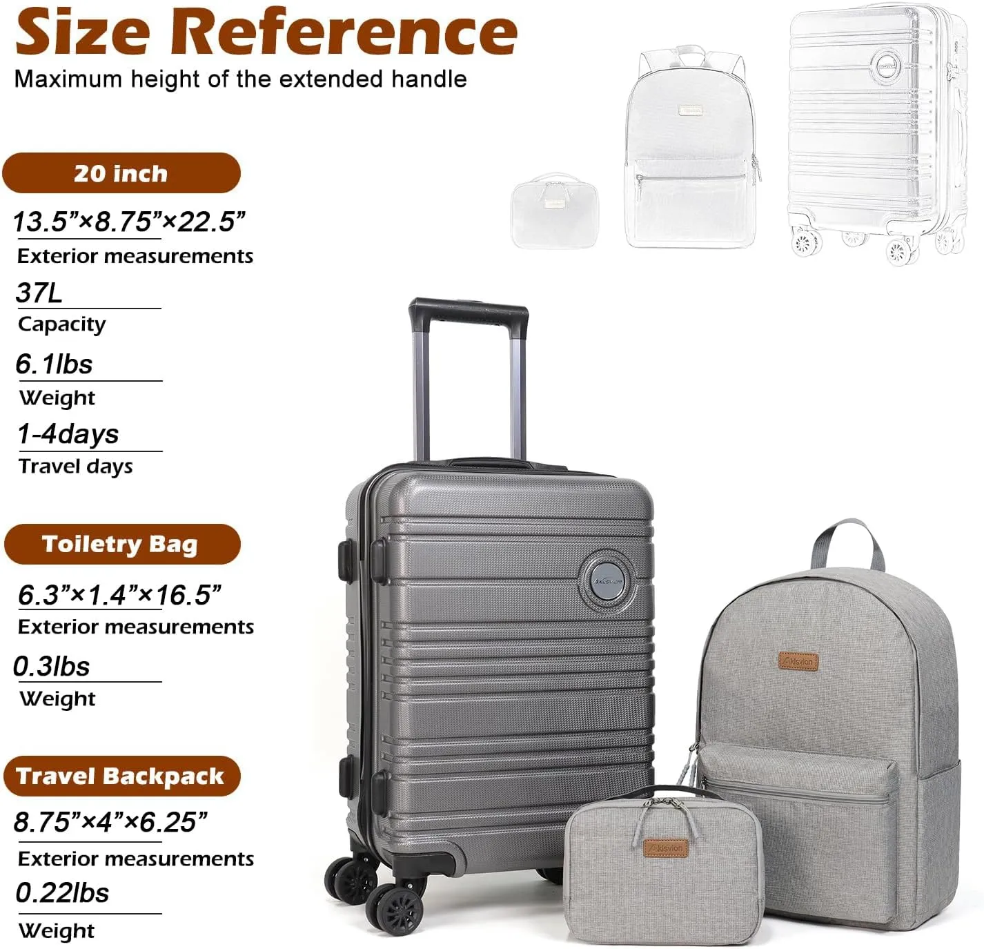ABS PC Carry on Luggage set with backpack 3 Pcs suitcace with Spinner wheels TSA Lock 20-In hardshell Lightweight Luggage set(Grey)