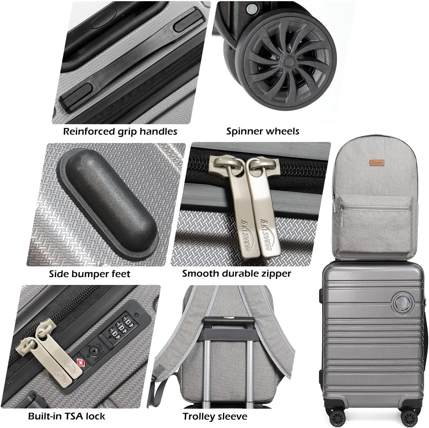 ABS PC Carry on Luggage set with backpack 3 Pcs suitcace with Spinner wheels TSA Lock 20-In hardshell Lightweight Luggage set(Grey)