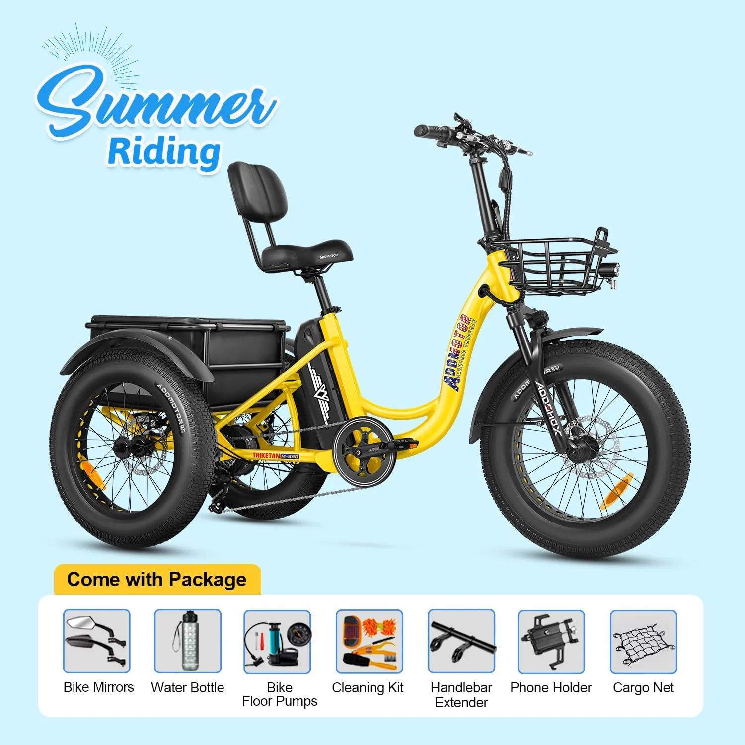 ADDMOTOR TRIKETAN M-330 Electric Trike for Adults, 750W Rear Motor Electric Tricycle, 450lbs, 48V 20Ah 85MI 3 Wheel Electric Bike for Seniors, Fat Tire E-Trike with Parking Brake & Differential