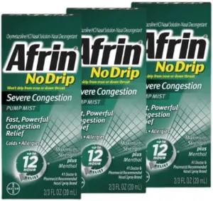 AfrinNo-Drip 12-Hour Pump Mist Severe Congestion 0.67 Fl Oz Maximum Strength Plus Menthol Nasal Decongestant with GeoMetal™ Pill Holder, Allergies Sinus, Cold Relief (Total Oz) (Pack of 3, Menthol)