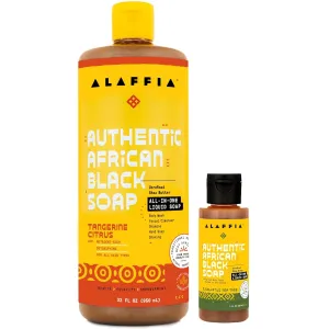Alaffia Authentic African Black Soap, Tangerine Citrus (32 Oz)   Eucalyptus Tea Tree (2 Oz) – All-in-One Moisturizing Cleanser for Face, Hands, Body & Hair