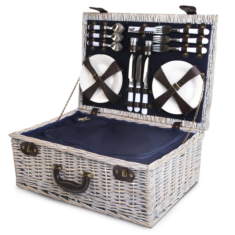Alfresco 6 Person Picnic Basket - Insulated Cooler Bag - Navy Blanket