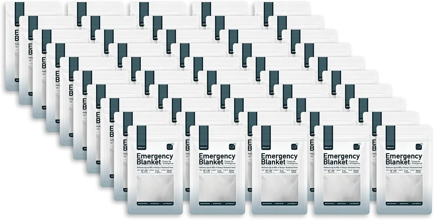 Altland 50 Pack of Emergency Blankets - Bulk Heat Reflective Blankets for Winter Survival Kits, Disaster Preparedness, Cold Weather Camping, and Homeless Care Packages