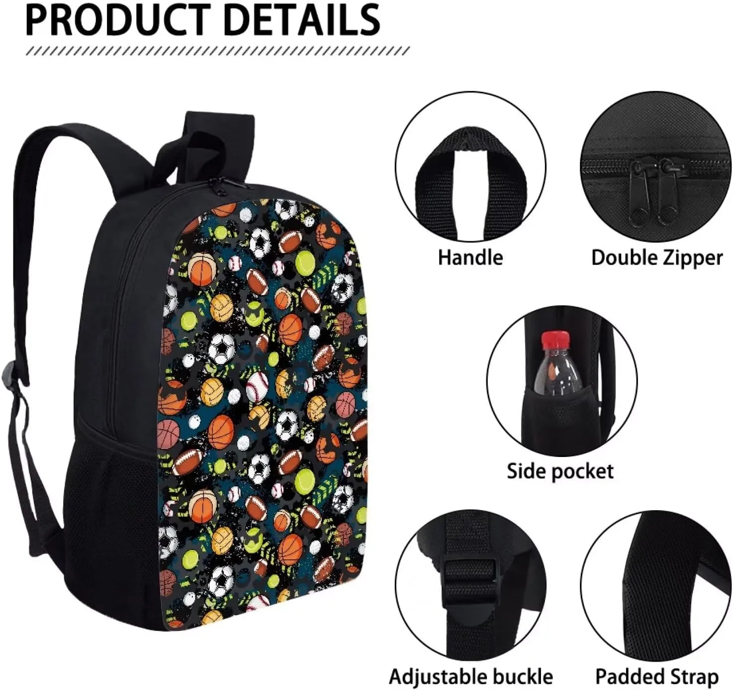 AmzPrint 17Inch School Backpack For Kids Girls Boys Football Basketball Print Backpack Lightweight School Bag Student Bookbag