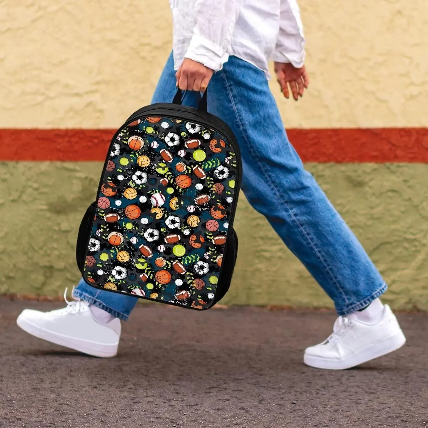 AmzPrint 17Inch School Backpack For Kids Girls Boys Football Basketball Print Backpack Lightweight School Bag Student Bookbag